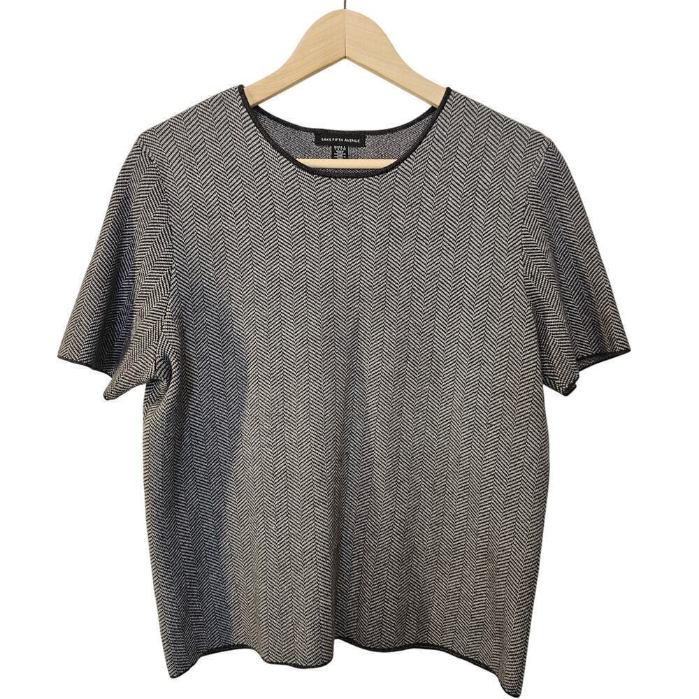 Saks Fifth Avenue Boxy Gray Herringbone Soft Sweater Short Sleeve Top Size Large